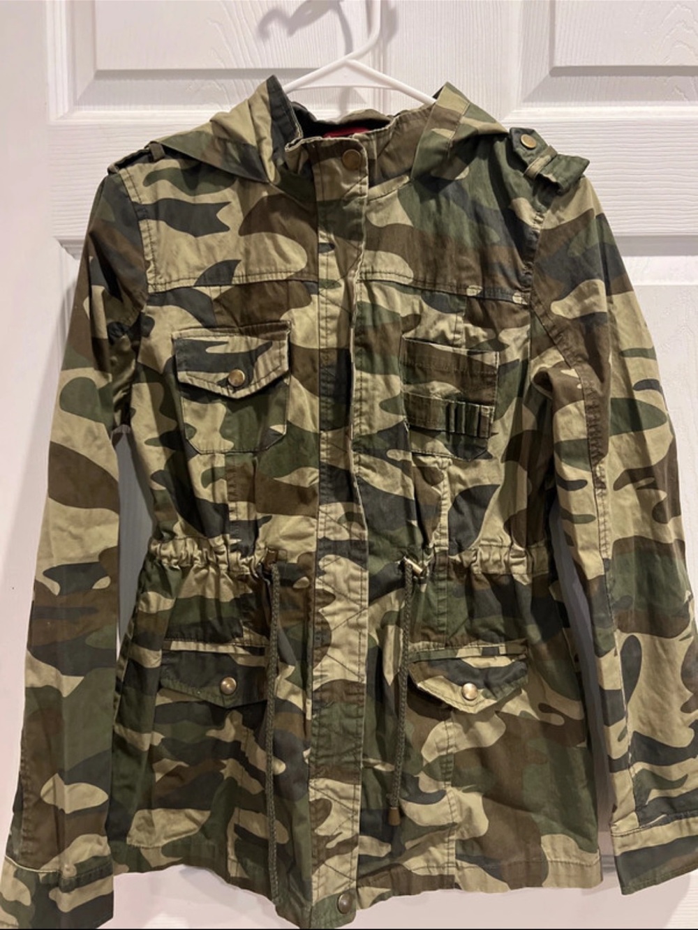 Womens Camouflage Utility Jacket with Drawstring Waist - Green Camo